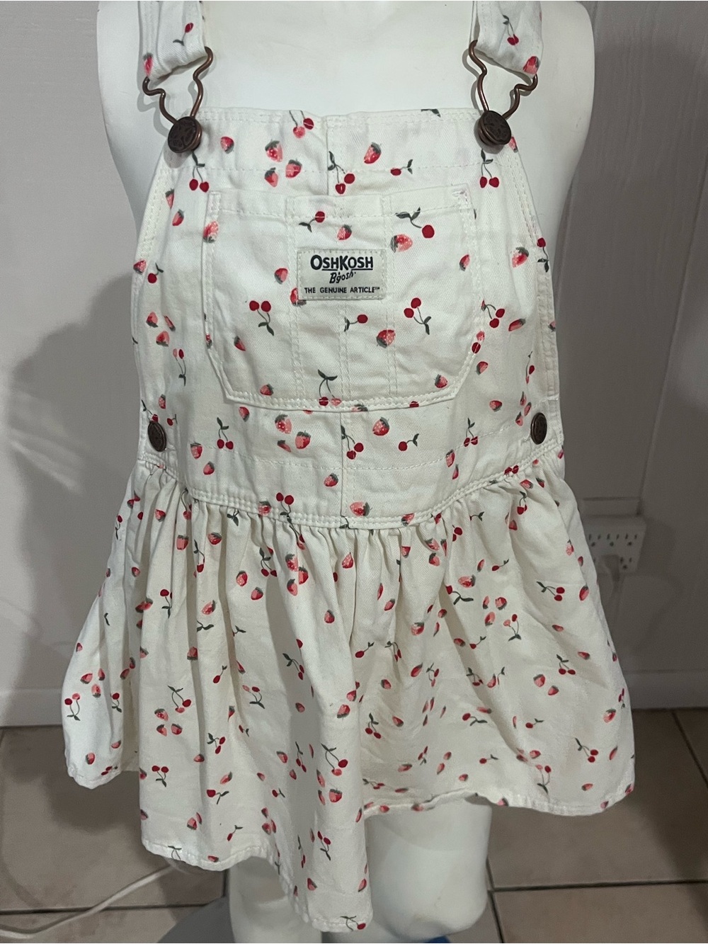 OshKosh B'gosh Cream Overall Dress with Red Cherry Print